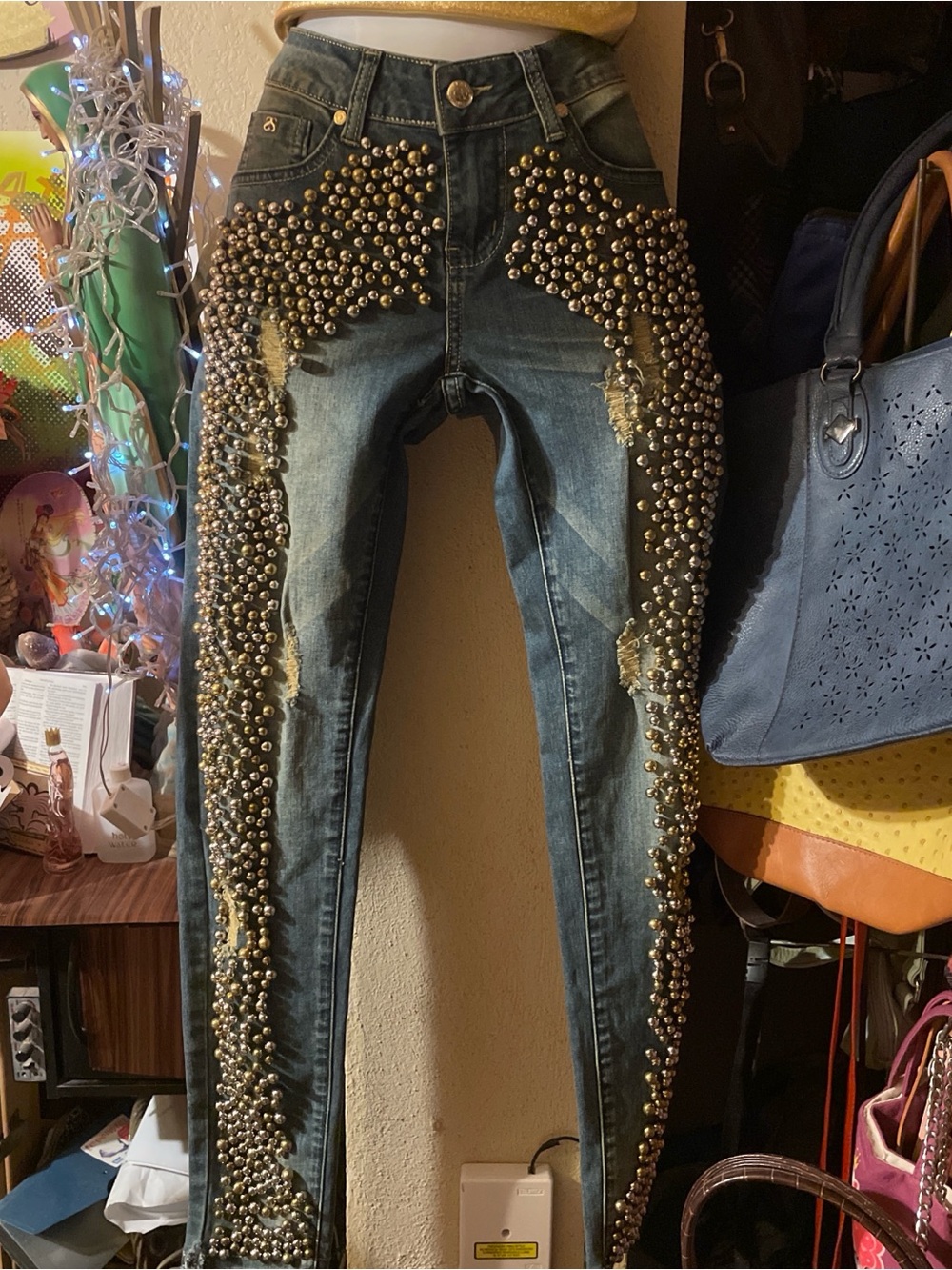 Studded Distressed Dark Blue Skinny Jeans